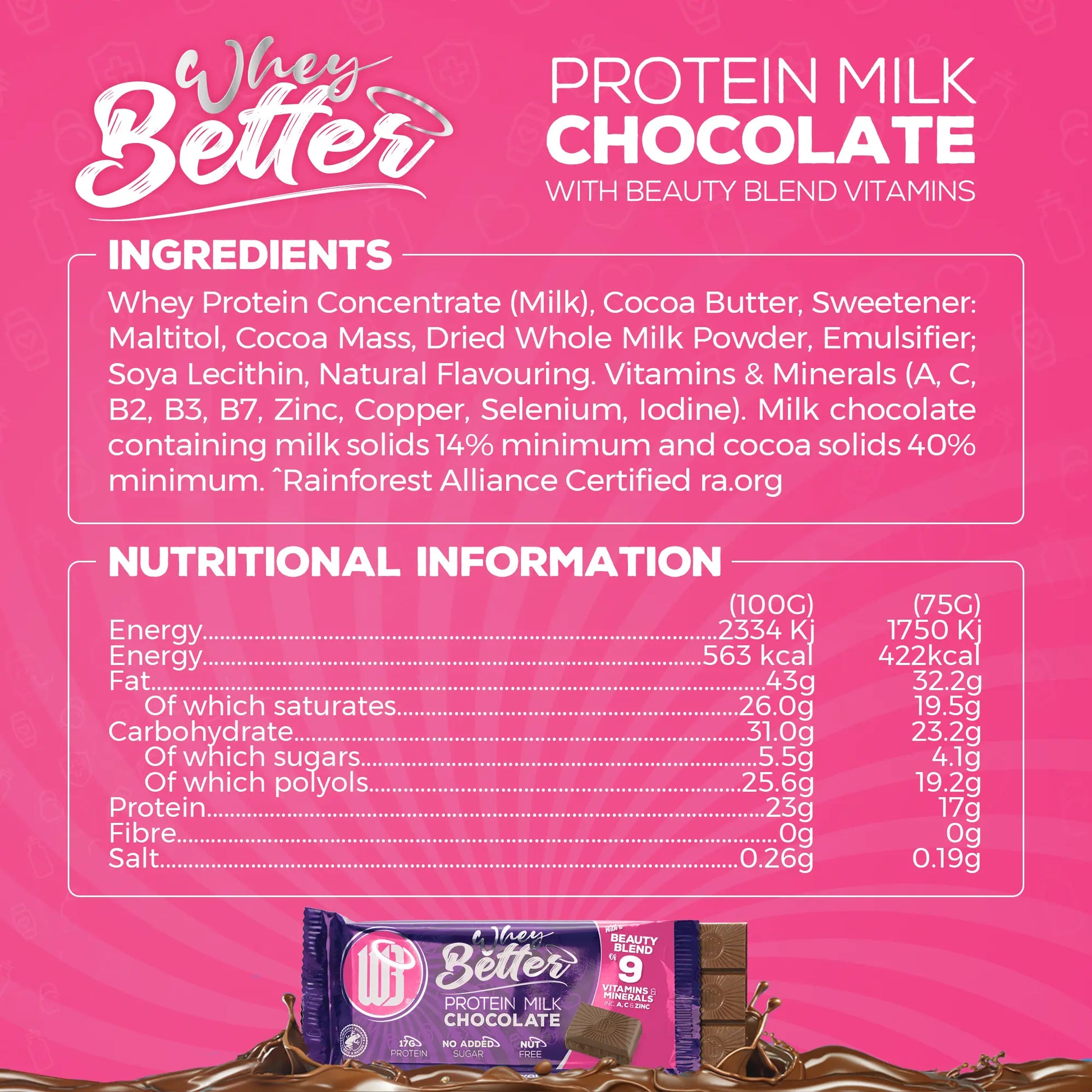 wheybetter protein milk chocolate with beauty vitamins - nutritional information and ingredients